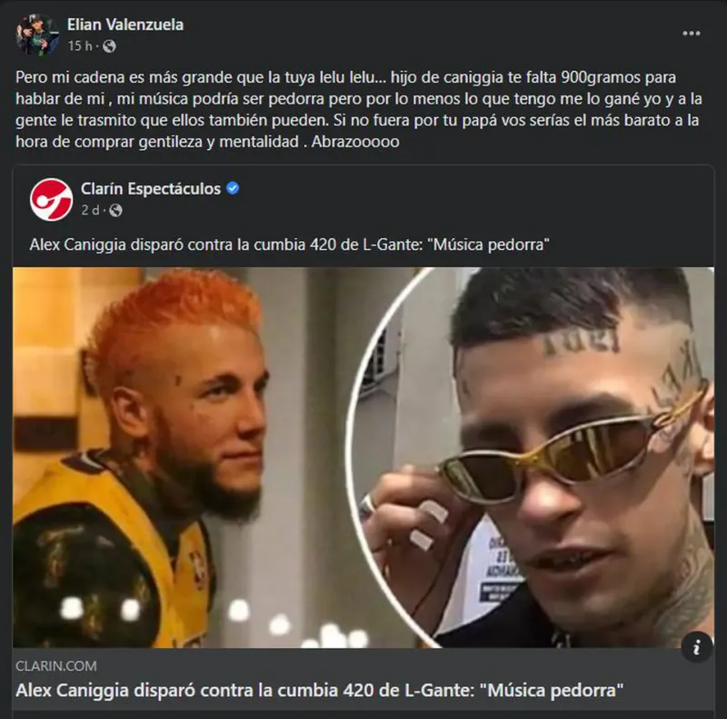 Alex Caniggia criticó la cumbia 420 y L-Gante le respondió con toda